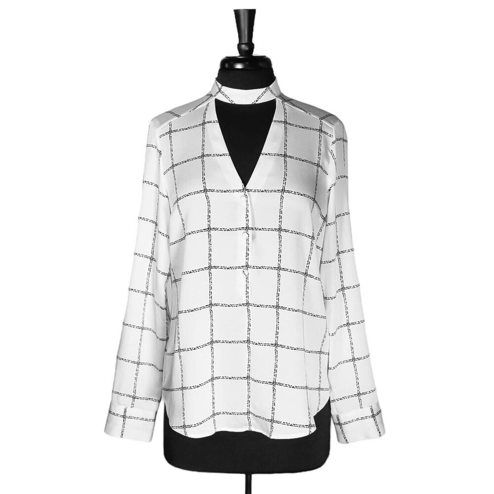 Express Women's Blouse White Black Plaid V-Neck Half Button Down Keyhole Top M